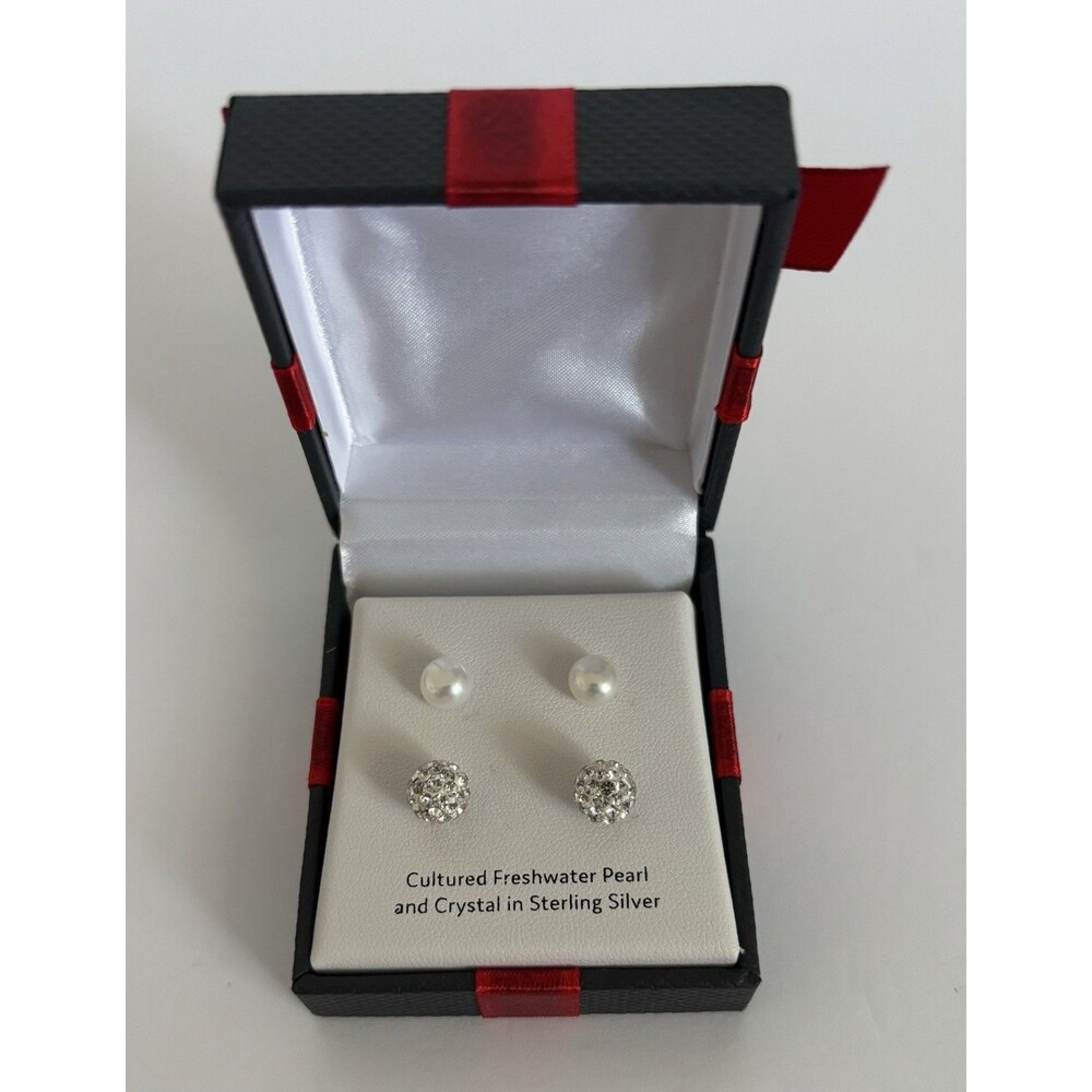 New In Box Cultured Freshwater Pearl & Crystal In Sterling Silver Earrings Set